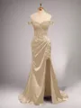 Chic Sheath/Column Off-the-Shoulder Sweep Train Silk like Satin Corset Prom Dress With Slit
