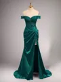 Chic Sheath/Column Off-the-Shoulder Sweep Train Silk like Satin Corset Prom Dress With Slit