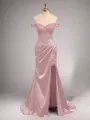 Chic Sheath/Column Off-the-Shoulder Sweep Train Silk like Satin Corset Prom Dress With Slit