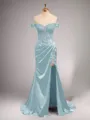 Chic Sheath/Column Off-the-Shoulder Sweep Train Silk like Satin Corset Prom Dress With Slit