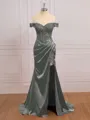 Chic Sheath/Column Off-the-Shoulder Sweep Train Silk like Satin Corset Prom Dress With Slit