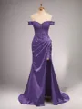 Chic Sheath/Column Off-the-Shoulder Sweep Train Silk like Satin Corset Prom Dress With Slit
