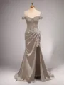 Chic Sheath/Column Off-the-Shoulder Sweep Train Silk like Satin Corset Prom Dress With Slit
