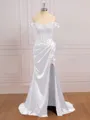 Chic Sheath/Column Off-the-Shoulder Sweep Train Silk like Satin Corset Prom Dress With Slit