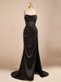 Sheath/Column Elegant Spaghetti Straps Sweep Train Silk Like Satin Corset Prom Dress With Slit
