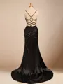 Sheath/Column Elegant Spaghetti Straps Sweep Train Silk Like Satin Corset Prom Dress With Slit