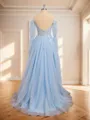 Charming A-line Straight Long Sleeves Sweep Train Tulle Convertible Corset Prom Dress With Slit
