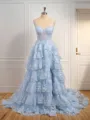 A-line Dreamy Off-the-Shoulder Court Train Tulle Corset Prom Dress With Slit