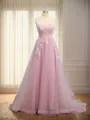 Trendy A-line Sweetheart Short Sleeves Court Train Tulle Convertible Corset Prom Dress With Appliques Lace