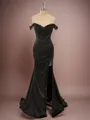 Sheath/Column Sexy Off-the-Shoulder Sweep Train Silk like Satin Corset Prom Dress With Slit