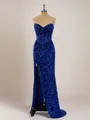 Sheath/Column Sleek Sweetheart Sweep Train Velvet Sequins Corset Prom Dress With Slit