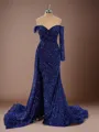 Flattering Sheath/Column Long Sleeves Off-the-Shoulder Sweep Train Prom Dress With Slit