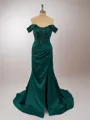 Crisp Sheath/Column Off-the-Shoulder Sweep Train Silk like Satin Corset Prom Dress With Slit