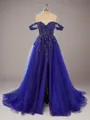 Slinky A-line Off-the-Shoulder Sweep Train Tulle Corset Prom Dress With Slit