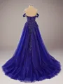 Slinky A-line Off-the-Shoulder Sweep Train Tulle Corset Prom Dress With Slit