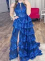 Splendiferous A-line Halter Cascading Ruffles Sweep Train Tulle Corset Prom Dress