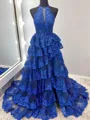 Splendiferous A-line Halter Cascading Ruffles Sweep Train Tulle Corset Prom Dress