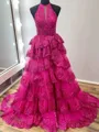 Splendiferous A-line Halter Cascading Ruffles Sweep Train Tulle Corset Prom Dress