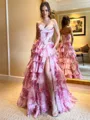 Pink Floral Strapless Satin Corset Ball Gown with Chiffon Ruffle Skirt Slit Prom Prom Dress