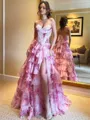 Pink Floral Strapless Satin Corset Ball Gown with Chiffon Ruffle Skirt Slit Prom Prom Dress