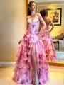 Pink Floral Strapless Satin Corset Ball Gown with Chiffon Ruffle Skirt Slit Prom Prom Dress