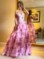Pink Floral Strapless Satin Corset Ball Gown with Chiffon Ruffle Skirt Slit Prom Prom Dress