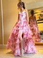 Pink Floral Strapless Satin Corset Ball Gown with Chiffon Ruffle Skirt Slit Prom Prom Dress