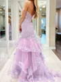 Elegant Mermaid Sweetheart Appliques Lace Sweep Train Tulle Corset Prom Dress