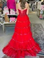 Luxurious A-line Straight Appliques Lace Sweep Train Tulle Corset Prom Dress