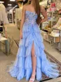 Luxurious A-line Straight Appliques Lace Sweep Train Tulle Corset Prom Dress