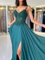 Fashion-forward A-line V-Neck Appliques Lace Sweep Train Chiffon Corset Prom Dress
