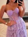 Unique A-line Sweetheart Cascading Ruffles Sweep Train Corset Prom Dress