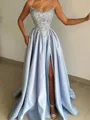 Stunning A-line Straight Beading Floor-Length Satin Prom Dress
