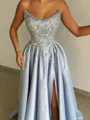 Stunning A-line Straight Beading Floor-Length Satin Prom Dress