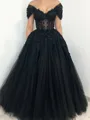Enchanting A-line Off-the-Shoulder Appliques Lace Floor-Length Tulle Corset Prom Dress