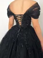 Enchanting A-line Off-the-Shoulder Appliques Lace Floor-Length Tulle Corset Prom Dress