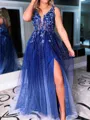 Unique A-line V-Neck Ruffles Sweep Train Prom Dress