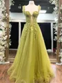 Trendy A-line Straps Appliques Lace Floor-Length Tulle Corset Prom Dress
