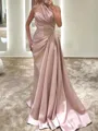 Enchanting Sheath Halter Pleated Sweep Train Silk Like Satin Prom Dress