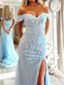 Fashion Sheath Off-the-Shoulder Appliques Lace Sweep Train Tulle Prom Dress