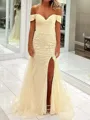 Fashion Sheath Off-the-Shoulder Appliques Lace Sweep Train Tulle Prom Dress