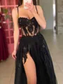 Splendiferous A-line Spaghetti Straps Appliques Lace Sweep Train Tulle Corset Prom Dress