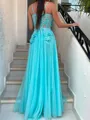 Splendiferous A-line Spaghetti Straps Appliques Lace Sweep Train Tulle Corset Prom Dress
