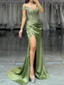 Glam Sheath Off-the-Shoulder Appliques Lace Sweep Train Silk Like Satin Corset Prom Dress