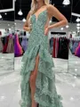 Mesmerizing Mermaid Spaghetti Straps Cascading Ruffles Sweep Train Tulle Prom Dress