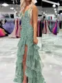 Mesmerizing Mermaid Spaghetti Straps Cascading Ruffles Sweep Train Tulle Prom Dress