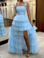 Mesmerizing A-line Straight Cascading Ruffles Sweep Train Tulle Prom Dress