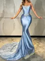 Delicate Mermaid Straight Rhinestone Chapel Train Silk Like Satin Corset Prom Dress