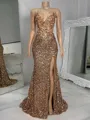 Glamorous Sheath V-Neck Sequin Sweep Train Corset Prom Dress