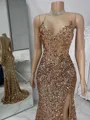Glamorous Sheath V-Neck Sequin Sweep Train Corset Prom Dress